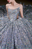 Vintage Ball Gown Strapless Sequin Silver Long Prom Dresses Layers Evening Dress HZ1024
