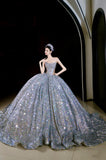 Vintage Ball Gown Strapless Sequin Silver Long Prom Dresses Layers Evening Dress HZ1024