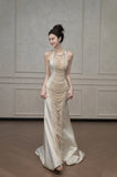 Chic Mermaid Halter Sleeveless White Satin Wedding Dresses With Pearls HZ1024