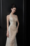 Chic Mermaid Halter Sleeveless White Satin Wedding Dresses With Pearls HZ1024