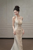 Chic Mermaid Halter Sleeveless White Satin Wedding Dresses With Pearls HZ1024