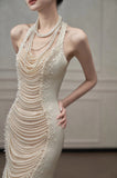 Chic Mermaid Halter Sleeveless White Satin Wedding Dresses With Pearls HZ1024