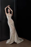 Chic Mermaid Halter Sleeveless White Satin Wedding Dresses With Pearls HZ1024