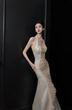 Chic Mermaid Halter Sleeveless White Satin Wedding Dresses With Pearls HZ1024
