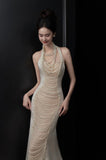 Chic Mermaid Halter Sleeveless White Satin Wedding Dresses With Pearls HZ1024