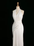 Chic Sheath Halter Sleeveless White Satin Wedding Dresses With Ruffles HZ1024