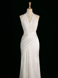 Chic Sheath Halter Sleeveless White Satin Wedding Dresses With Ruffles HZ1024