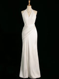 Chic Sheath Halter Sleeveless White Satin Wedding Dresses With Ruffles HZ1024