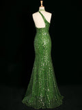 Sexy Sheath One Shoulder Green Sequin Prom Dresses Party Evening Dress With Beads HZ1024