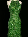 Sexy Sheath One Shoulder Green Sequin Prom Dresses Party Evening Dress With Beads HZ1024