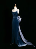 Sexy Mermaid Spaghetti Straps Navy Blue Velvet Prom Dresses Party Evening Dress With Beads HZ1024