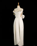 Chic Sheath Strapless Sleeveless Ivory Satin Wedding Dresses With Flowers HZ1024