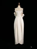 Chic Sheath Strapless Sleeveless Ivory Satin Wedding Dresses With Flowers HZ1024