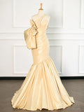 Sexy Mermaid One Shoulder Yellow Satin Long Prom Dresses Party Evening Dress With Bow HZ1024