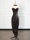 Sexy Sheath Strapless Sequin Prom Dresses Party Evening Dress With Ruffles HZ1024