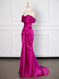 Sexy Mermaid Off The Shoulder Hot Pink Satin Prom Dresses Party Evening Dress With Ruffles HZ1024