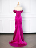 Sexy Mermaid Off The Shoulder Hot Pink Satin Prom Dresses Party Evening Dress With Ruffles HZ1024