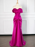 Sexy Mermaid Off The Shoulder Hot Pink Satin Prom Dresses Party Evening Dress With Ruffles HZ1024