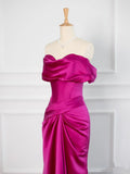 Sexy Mermaid Off The Shoulder Hot Pink Satin Prom Dresses Party Evening Dress With Ruffles HZ1024