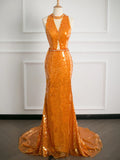 Sexy Mermaid Scoop Neckline Orange Sequin Prom Dresses Party Evening Dress With Beads HZ1024