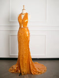 Sexy Mermaid Scoop Neckline Orange Sequin Prom Dresses Party Evening Dress With Beads HZ1024