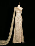 Sexy Mermaid One Shoulder Slit Sequin Prom Dresses Party Evening Dress HZ1024