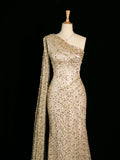 Sexy Mermaid One Shoulder Slit Sequin Prom Dresses Party Evening Dress HZ1024