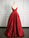 Simple Ball Gown Spaghetti Straps Red Satin Prom Dresses Party Evening Dress HZ1024