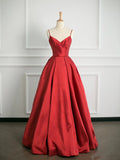 Simple Ball Gown Spaghetti Straps Red Satin Prom Dresses Party Evening Dress HZ1024