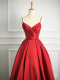 Simple Ball Gown Spaghetti Straps Red Satin Prom Dresses Party Evening Dress HZ1024