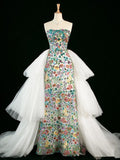 Vintage A Line Strapless Sequin Floral Long Prom Dresses Evening Dress HZ1024