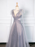 Simple A Line Spaghetti Straps Tulle Gray Prom Dresses Party Evening Dress HZ1024