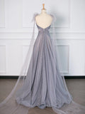 Simple A Line Spaghetti Straps Tulle Gray Prom Dresses Party Evening Dress HZ1024