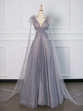 Simple A Line Spaghetti Straps Tulle Gray Prom Dresses Party Evening Dress HZ1024
