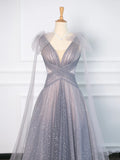 Simple A Line Spaghetti Straps Tulle Gray Prom Dresses Party Evening Dress HZ1024