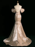 Pretty Mermaid Off The Shoulder Satin Long Champagne Prom Dresses Party Evening Dress HZ1024