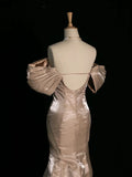 Pretty Mermaid Off The Shoulder Satin Long Champagne Prom Dresses Party Evening Dress HZ1024