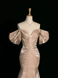 Pretty Mermaid Off The Shoulder Satin Long Champagne Prom Dresses Party Evening Dress HZ1024