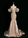 Pretty Mermaid Off The Shoulder Satin Long Champagne Prom Dresses Party Evening Dress HZ1024