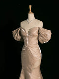 Pretty Mermaid Off The Shoulder Satin Long Champagne Prom Dresses Party Evening Dress HZ1024