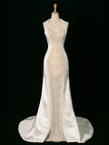 Luxury Mermaid Halter Sleeveless White Satin Wedding Dresses With Pearls HZ1024