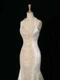 Luxury Mermaid Halter Sleeveless White Satin Wedding Dresses With Pearls HZ1024