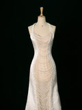 Luxury Mermaid Halter Sleeveless White Satin Wedding Dresses With Pearls HZ1024