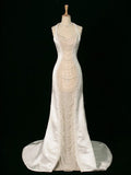 Luxury Mermaid Halter Sleeveless White Satin Wedding Dresses With Pearls HZ1024
