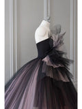 Pretty Ball Gown Strapless Black Tulle Long Prom Dresses Party Gown Evening Dress HZ1024