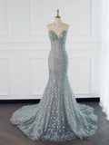Pretty Mermaid High Neckline Sequin Long Prom Dresses Party Gown Evening Dress HZ1024