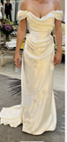 Pretty Sheath Off The Shoulder White Satin Long Prom Dresses Party Evening Dress HZ1024