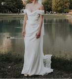 Pretty Sheath Off The Shoulder White Satin Long Prom Dresses Party Evening Dress HZ1024