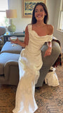 Pretty Sheath Off The Shoulder White Satin Long Prom Dresses Party Evening Dress HZ1024