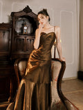 Pretty Mermaid Spaghetti Straps Brown Long Prom Dresses Party Evening Dress HZ1024